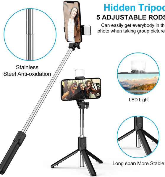 theKiteco. Bluetooth Selfie Stick with LED Light 3-in-1 Multi-Functional Extendable Bluetooth Selfie Stick Tripod (Bluetooth Remote Included)